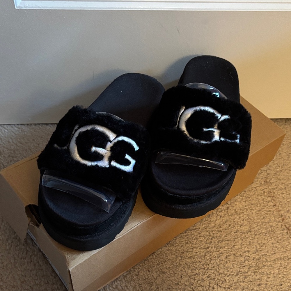 UGG Kids Black Fuzzy Slippers